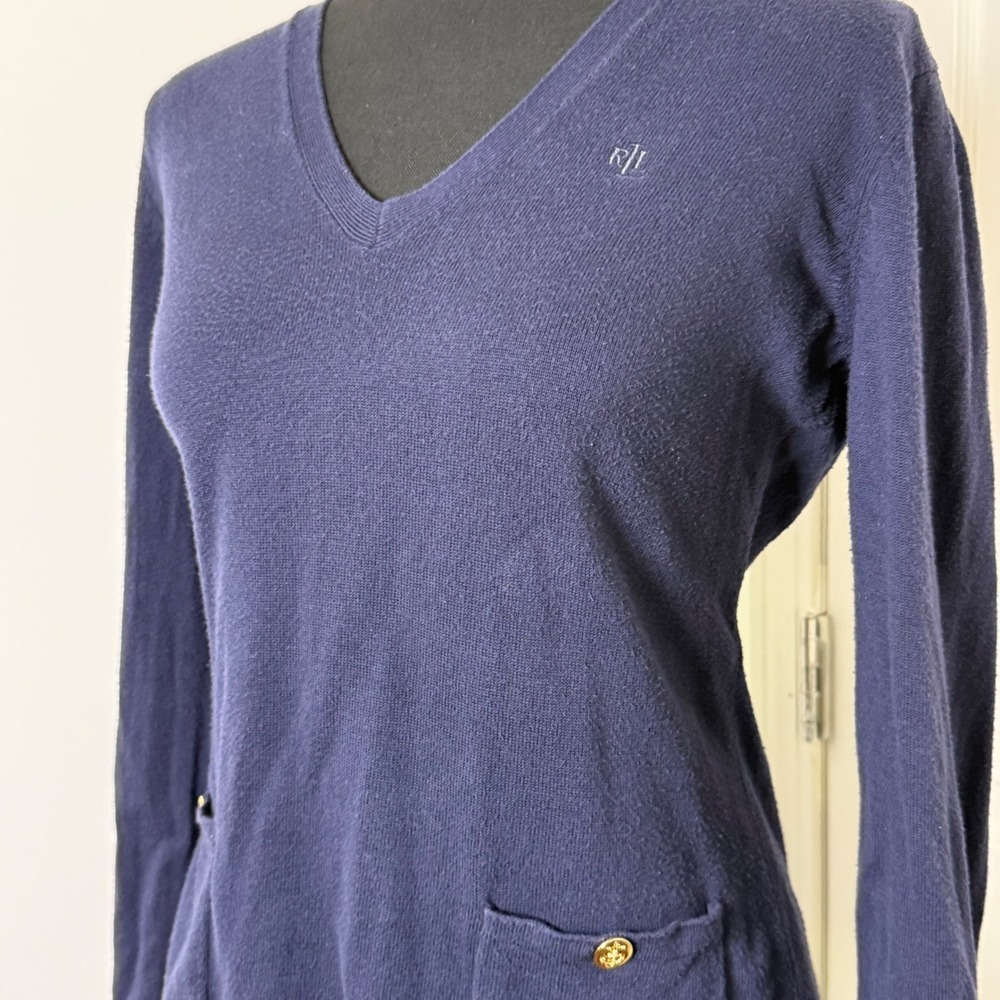 Lauren Ralph Lauren Sweater Womens Medium Blue Gold Buttons Preppy Academia - Picture 3 of 14